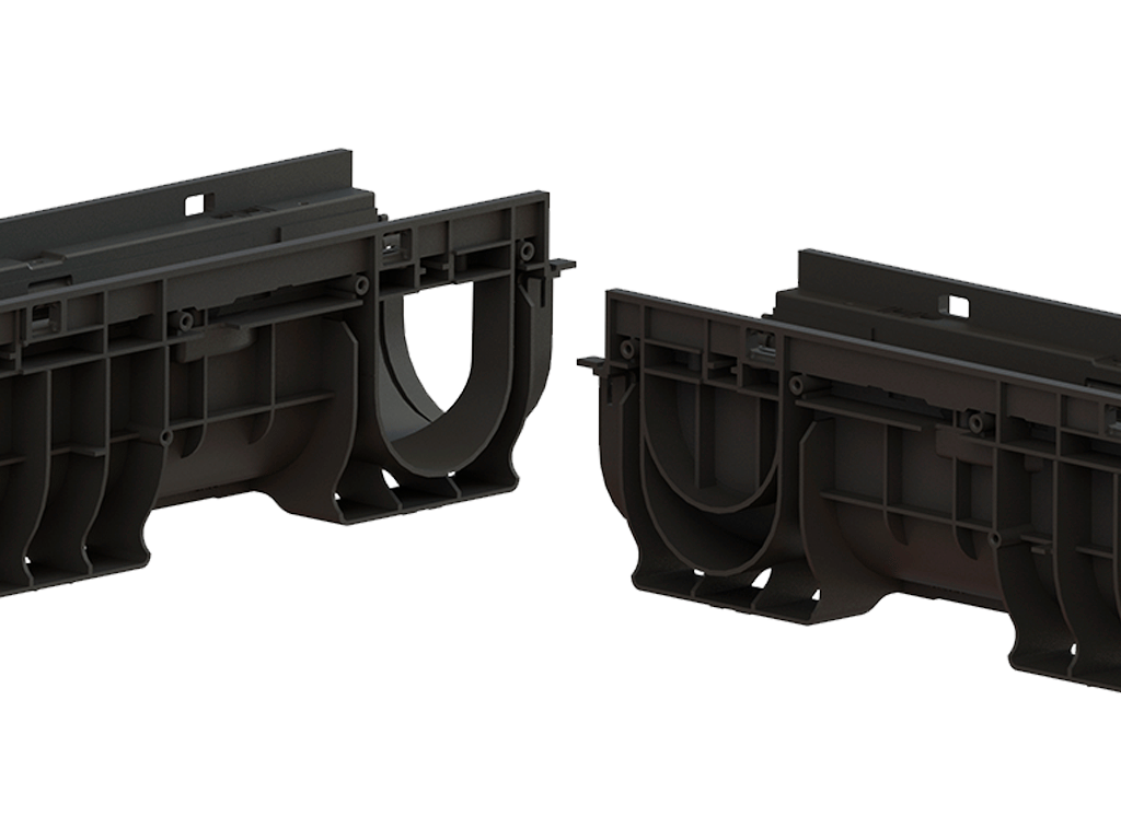 Rigolă din plastic BASE DN100 H200 cu grătare din fontă în fante clasa de sarcini C250